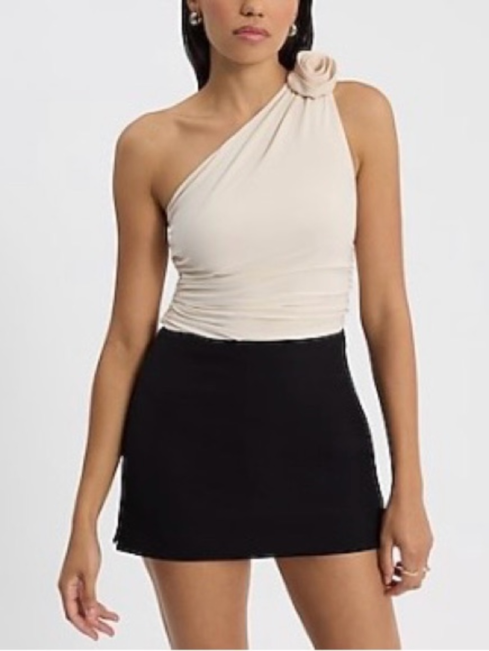 Express One-Shoulder Cream Top with Rosette Detail
